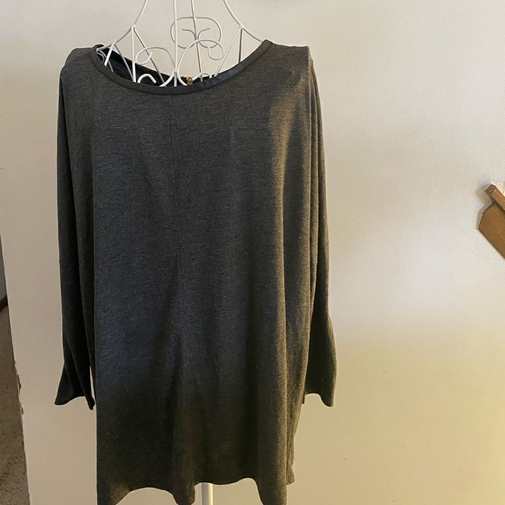 Zara W&B Collection Long Sleeve Dolman Top Faux Leather Trim Size L Gray